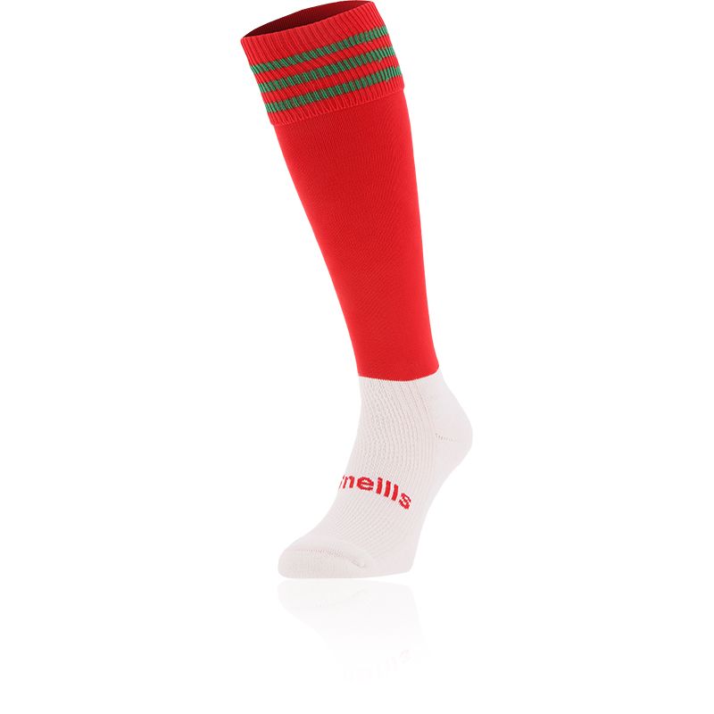 Red and Green kids' knee high sports socks with seamless toe and cushioned soles by O’Neills.
