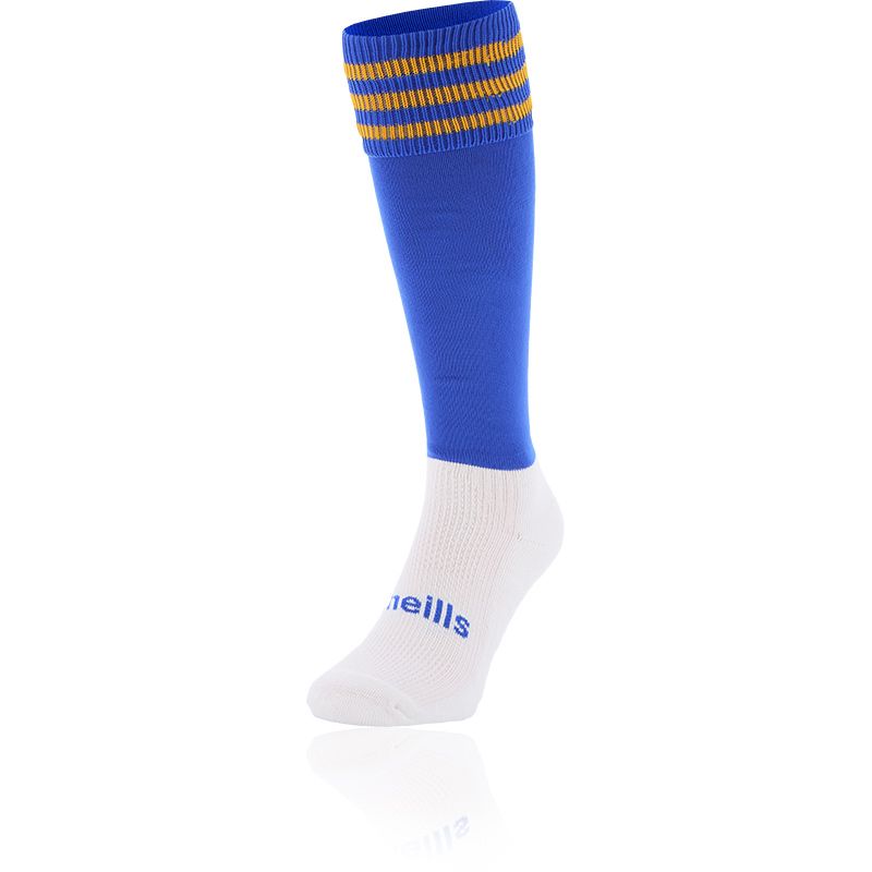 Kids’ Royal and Amber knee high sports socks with seamless toe and cushioned soles by O’Neills.