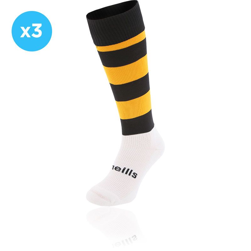 Kids' Black and Amber knee high sports socks 3 Pack with seamless toe and cushioned soles by O’Neills.