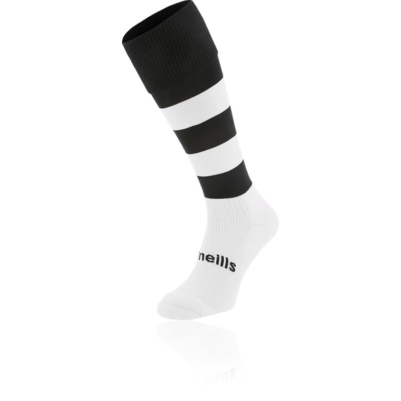Kids' Black and White knee high sports socks with seamless toe and cushioned soles by O’Neills.