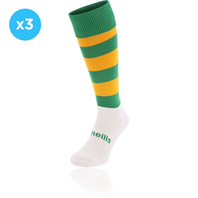 Green and Amber knee high sports socks 3 Pack with seamless toe and cushioned soles by O’Neills.