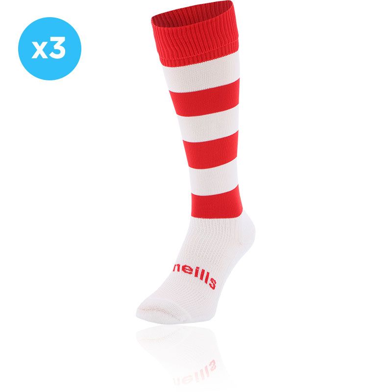Red and White knee high sports socks 3 Pack with seamless toe and cushioned soles by O’Neills.
