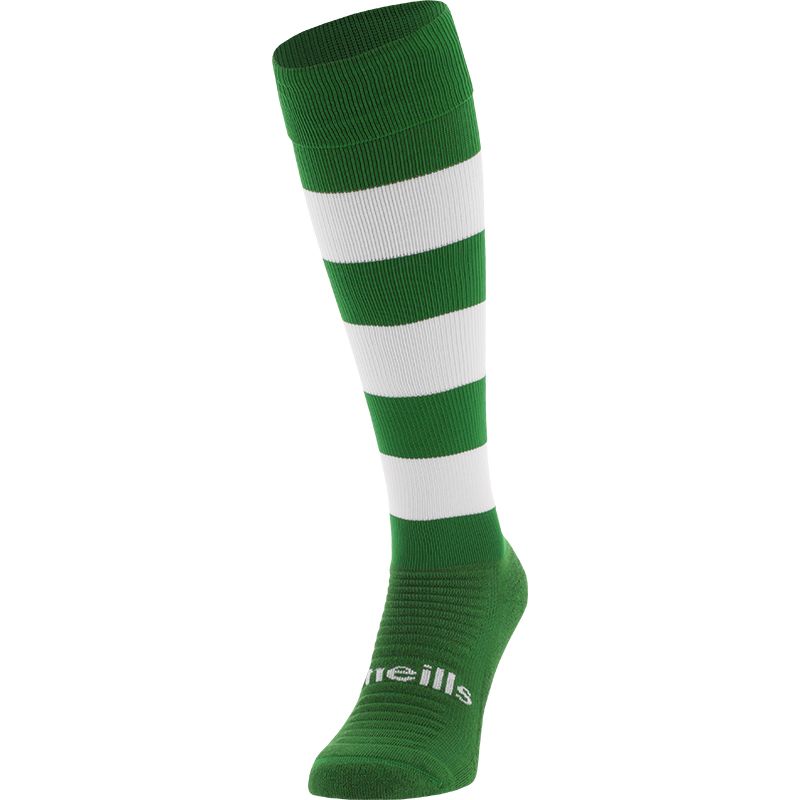 Green and White Koolite Max Elite Long Sports Socks with hooped design and turnover top by O’Neills. 
