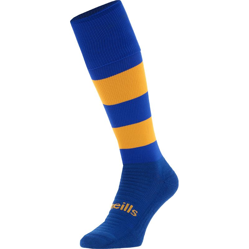 Royal and Amber Koolite Max Elite Long Sports Socks with hooped design and turnover top by O’Neills. 