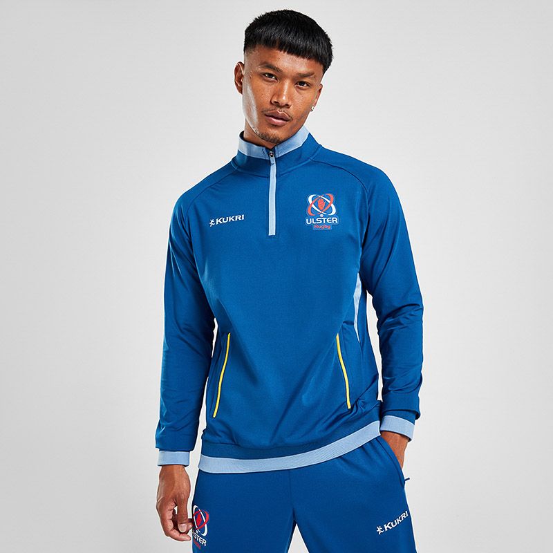 Men's blue Ulster Rugby quarter zip top available from O'Neills.