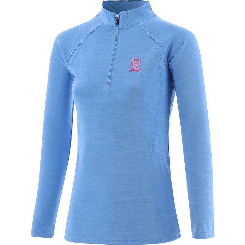 Blue Madison half zip top with pink logo available from O'Neills.
