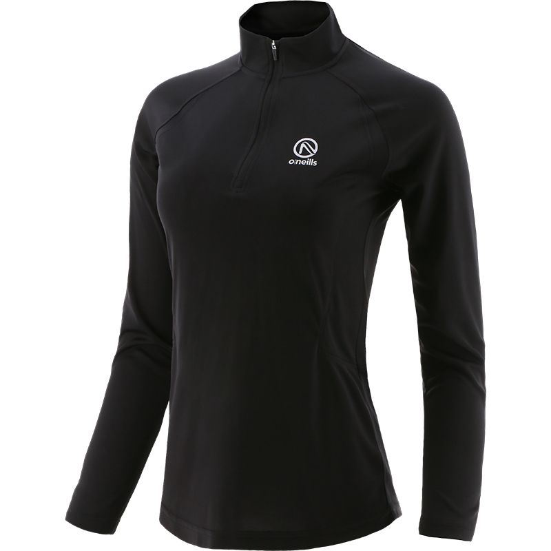 Black women’s half zip midlayer top with shaped waist and reflective logo by O’Neills.