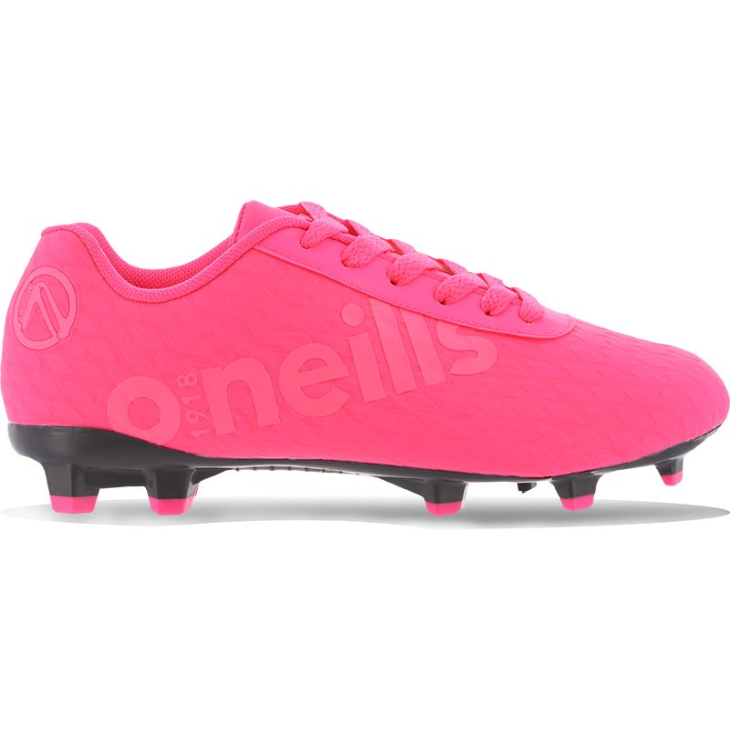 Pink childrens football boots with moulded studs and laces by O’Neills.