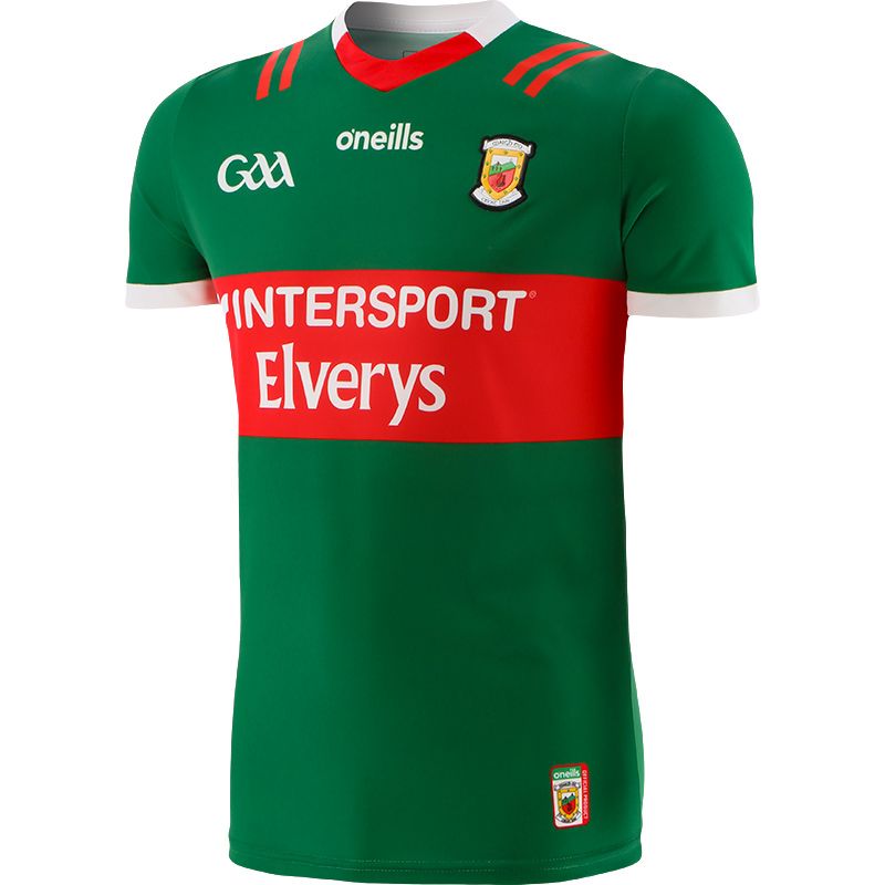 Green and red Mayo GAA home jersey 2023 with Elverys and Portwest sponsor logos by O’Neills.