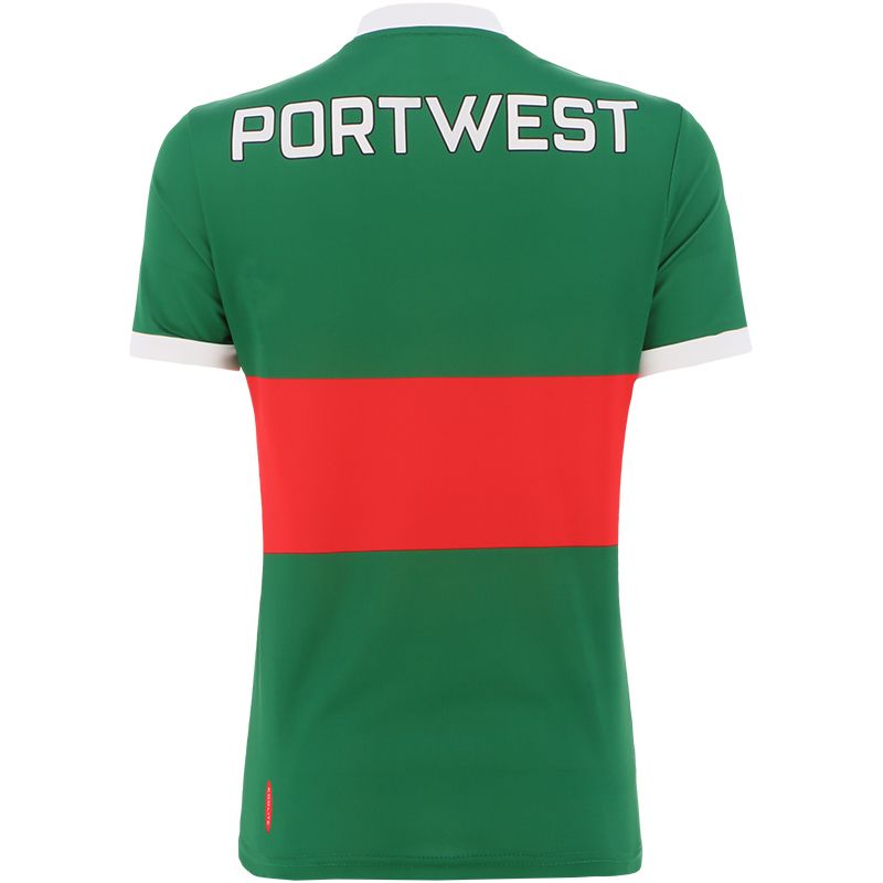 Green and red Mayo GAA home jersey 2023 with Elverys and Portwest sponsor logos by O’Neills.
