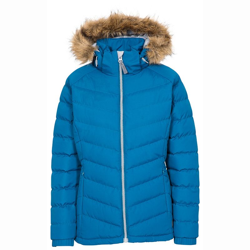 Blue Trespass women's padded jacket with faux fur hood from O'Neills.
