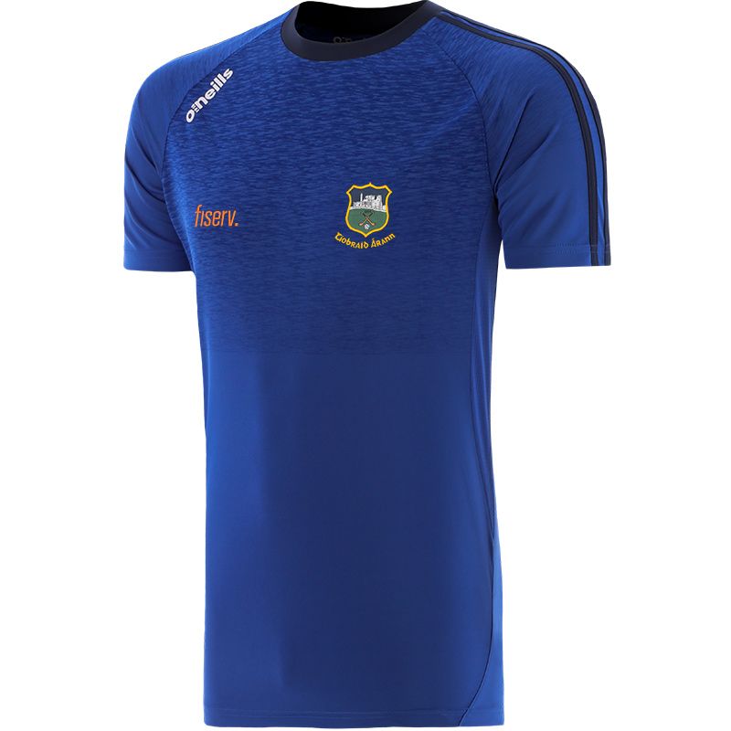 Blue men's Ohio Tipperary GAA t-shirt with stripe detail on sleeves and county crest by O’Neills.