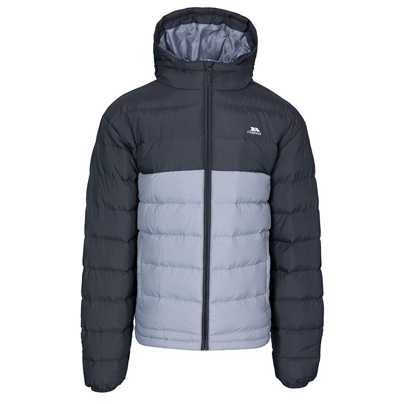 Black and grey Trespass kids' padded coat with hood from O'Neills.