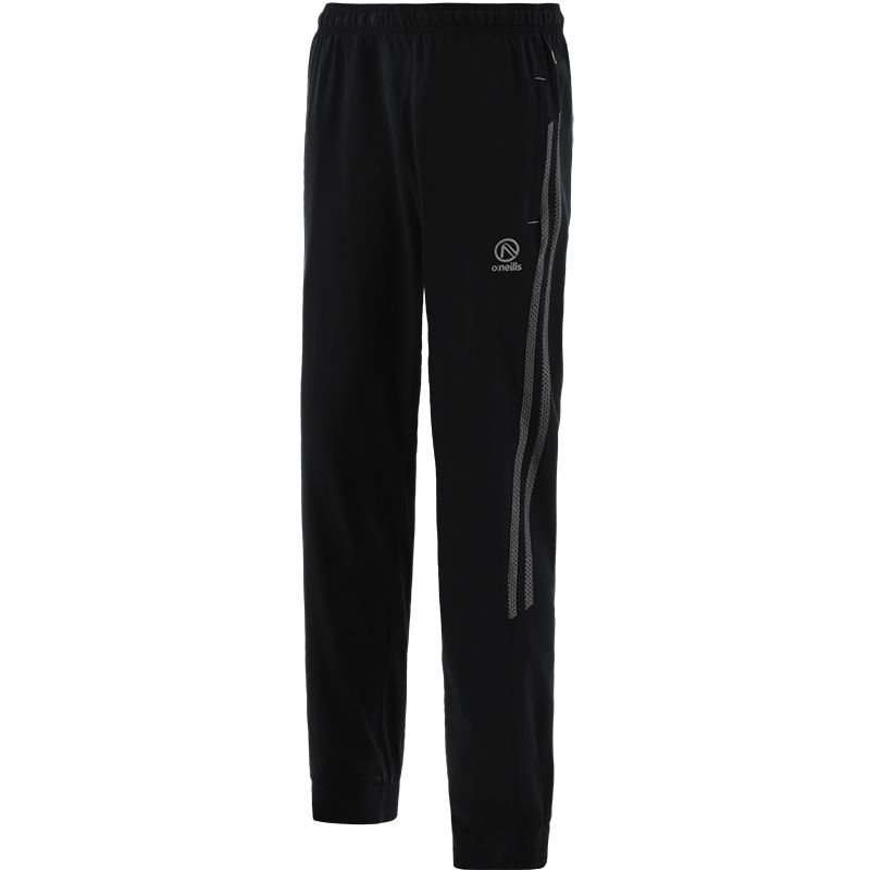 Black men’s woven tracksuit bottoms with Silver stripes on the sides and zip pockets by O’Neills.