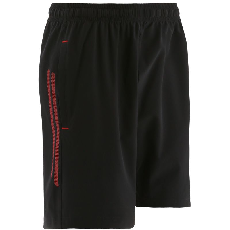 Black kids’ sports shorts with pockets and Red stripes on the sides by O’Neills.