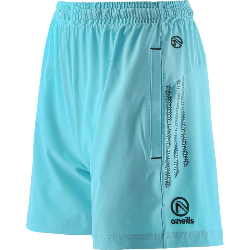 Blue kids’ sports shorts with pockets and colour Dark Grey on the sides by O’Neills.