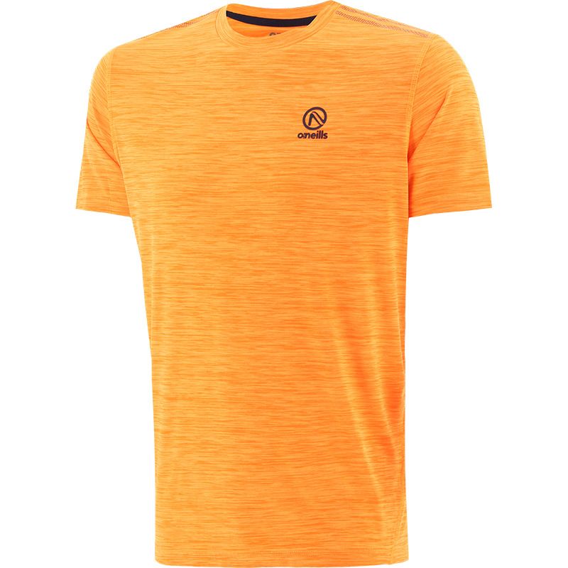 Orange kids’ t-shirt with navy stripe detail on the shoulders by O’Neills.