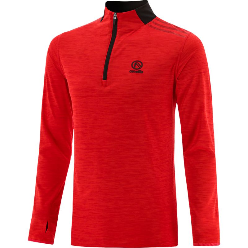 Red kids' half zip training top with stripe detail on the shoulders and thumbholes on the sleeves by O’Neills.