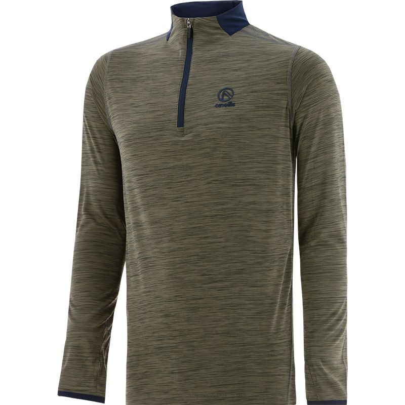 Green men’s half zip training top with stripe detail on the shoulders and thumbholes on the sleeves by O’Neills.