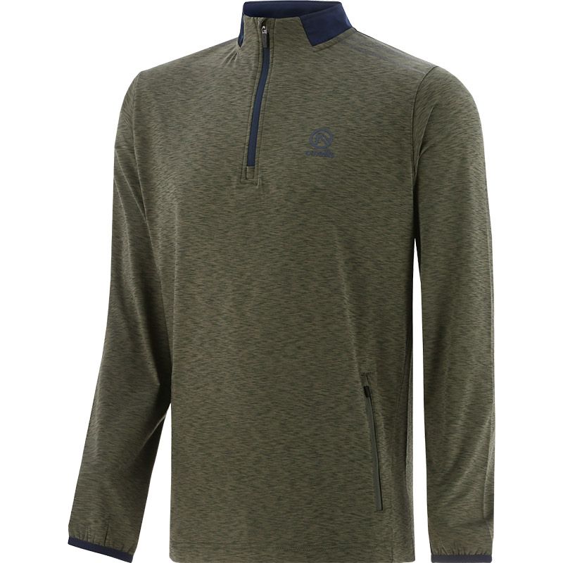 Green men’s brushed half zip top with zip pockets and stripes on the shoulders by O’Neills.