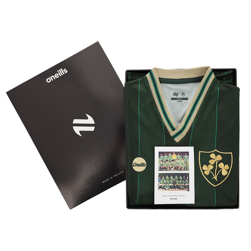 Men’s Green Ireland Premier Jersey with gold shamrock crest and v-neck collar by O’Neills.