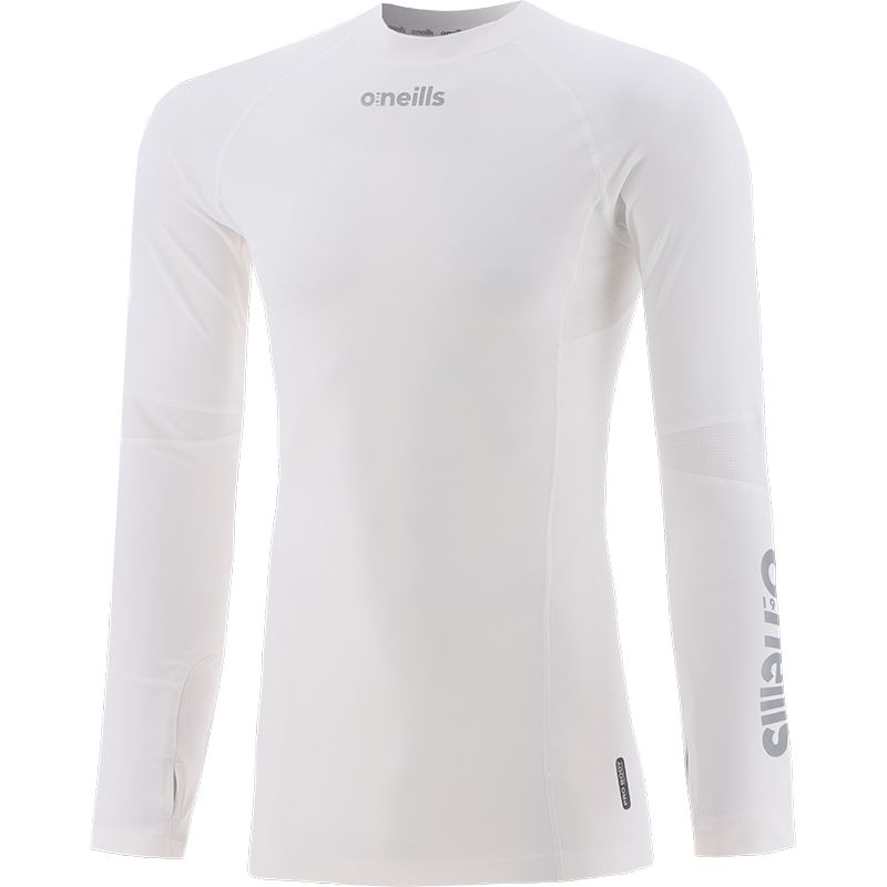 White men’s base layer compression long sleeve top with O’Neills branding on left arm and mesh panels by O’Neills.