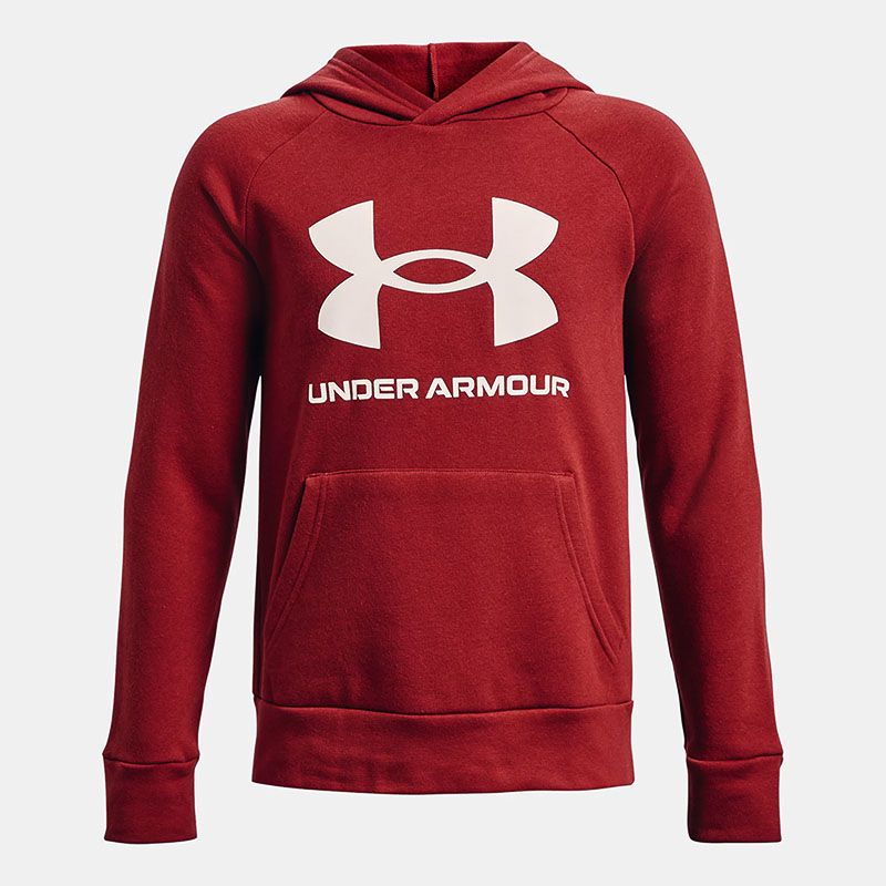 Dark Red Under Armour Kids' Rival Fleece Big Logo Hoodie with front kangaroo pocket from O'Neills.
