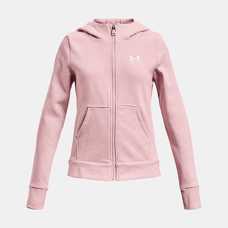 Pink / White Under Armour Kids' UA Rival Fleece Full-Zip Hoodie, with Open hand pockets from o'neills.