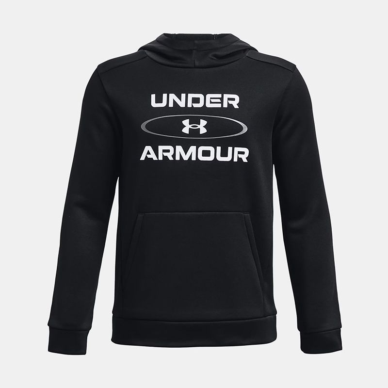 Black and White Under Armour Kids' Fleece Graphic Hoodie, with Front kangaroo pocket from O'Neills.