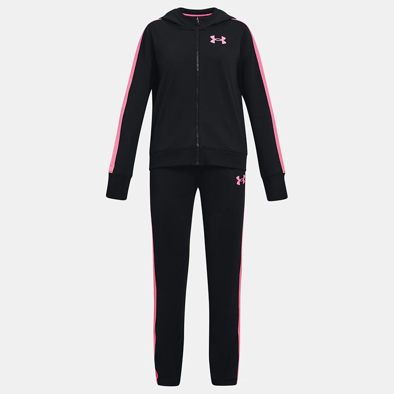 Black and Pink Under Armour Kids' Knit Hooded Tracksuit, with a ribbed waistband with external drawcord from O'Neills.