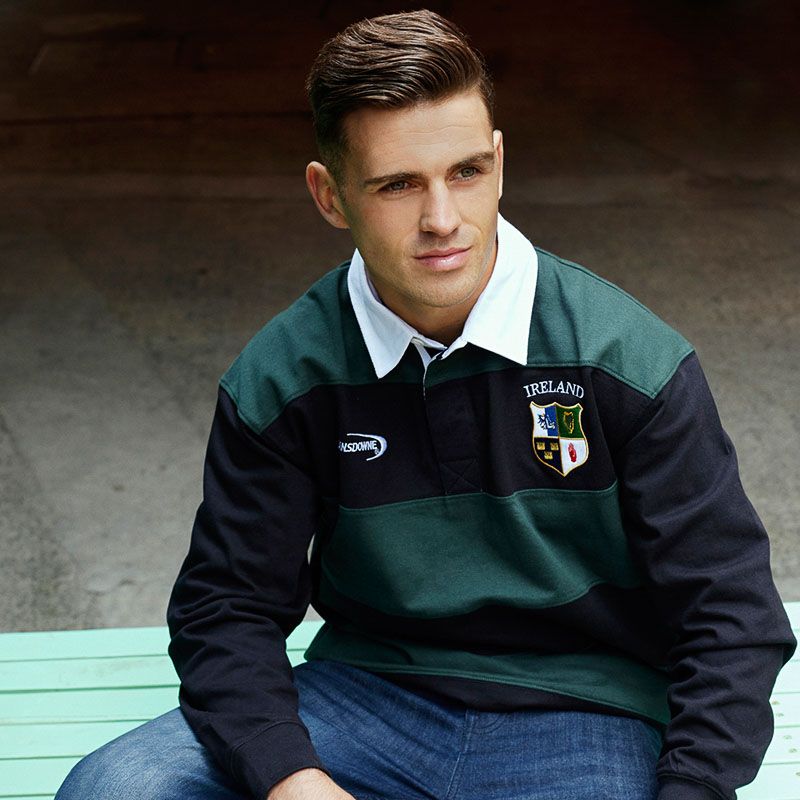 Black / Green Lansdowne Men's Ireland Hooped Pique Polo Long Sleeves from O'Neills.