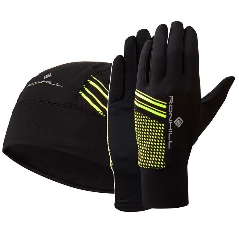 black and yellow Ronhill hat and glove set with reflective graphics from O'Neills