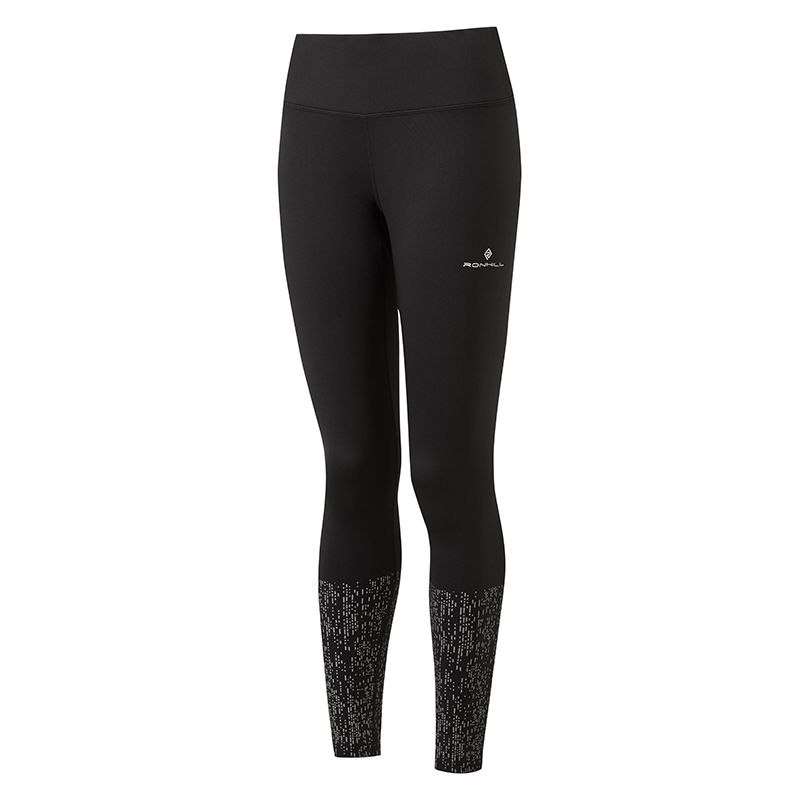 Black Ronhill women's nightrunner leggings with reflective print from O'Neills.
