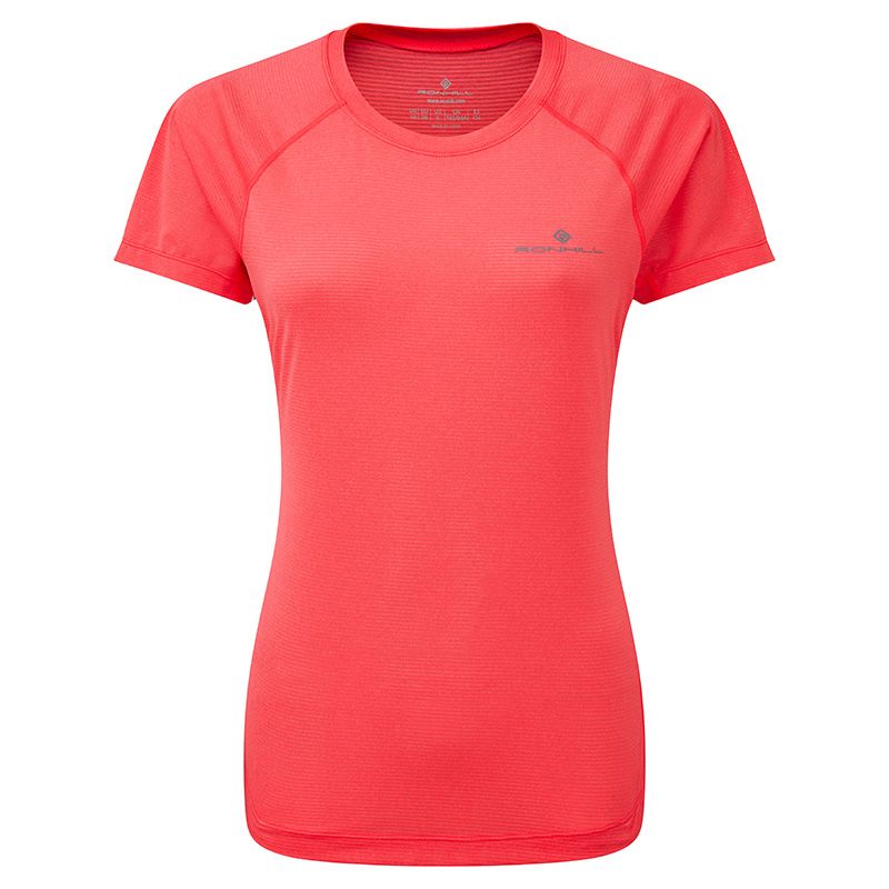Pink Ronhill women's running t-shirt with grey logo on left chest from O'Neills.