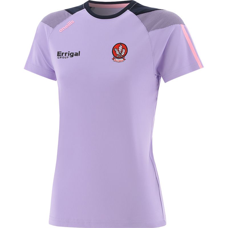 Purple Women's Derry GAA T-Shirt with county crest and stripes on the sleeves by O’Neills. 