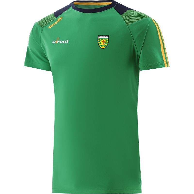 Green Men's Donegal GAA T-Shirt with county crest and stripes on the sleeves by O’Neills. 