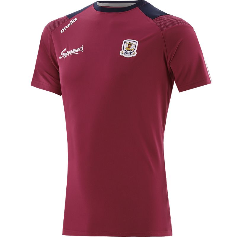 Maroon Galway GAA T-Shirt with county crest and stripes on the sleeves by O’Neills. 