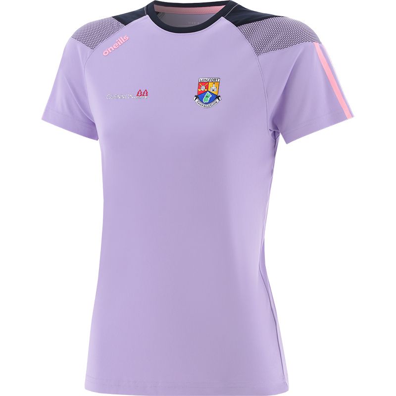 Purple Women's Longford GAA T-Shirt with county crest and stripes on the sleeves by O’Neills. 