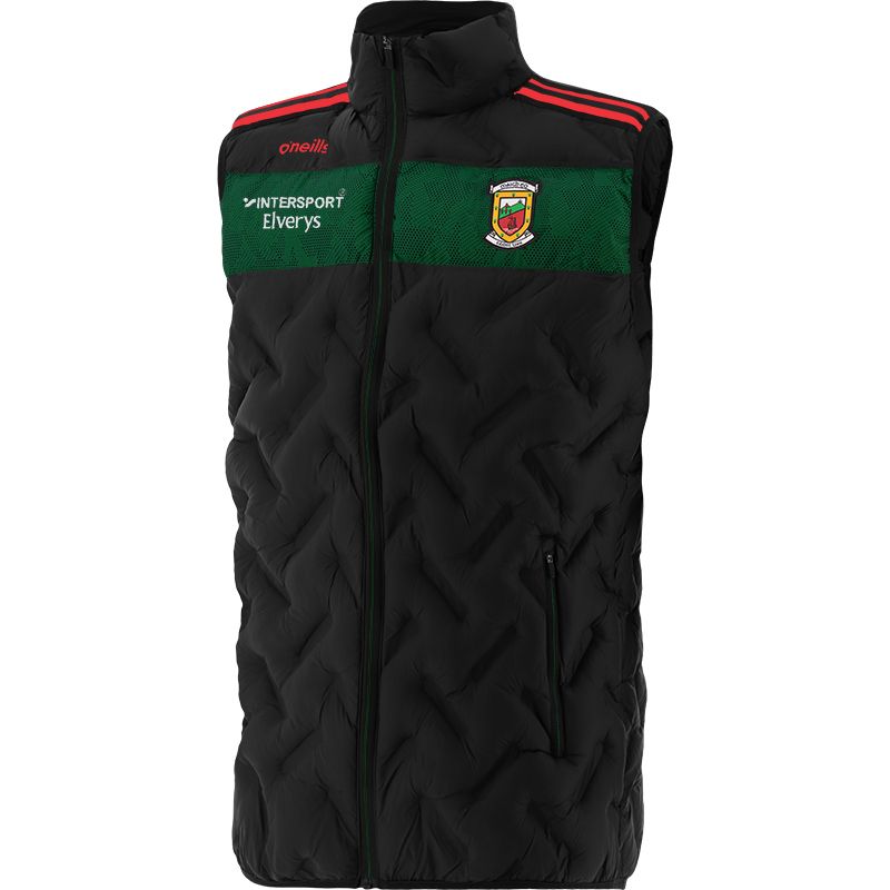Black Kids' Mayo GAA Dolmen Padded Gilet with Hood and Zip Pockets by O’Neills.