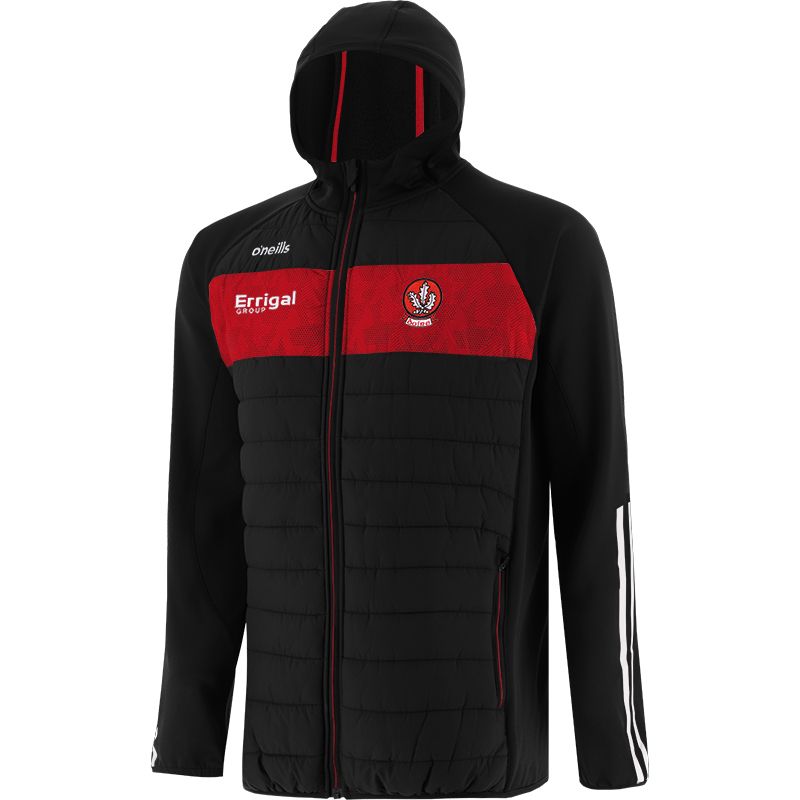 Black Kids' Derry GAA Rockway Padded Jacket with Hood and Zip Pockets by O’Neills.