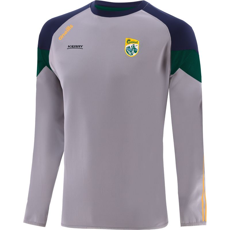 Grey Rockway Kerry GAA sweatshirt with stripes on sleeves by O’Neills.