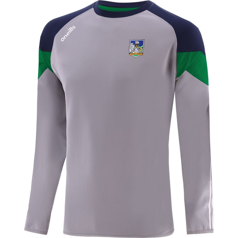 Grey Rockway Limerick GAA sweatshirt with stripes on sleeves by O’Neills.