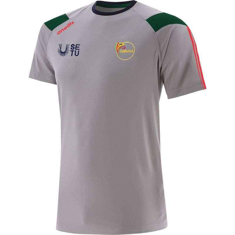 Grey Men's Carlow GAA T-Shirt with county crest and stripes on the sleeves by O’Neills. 