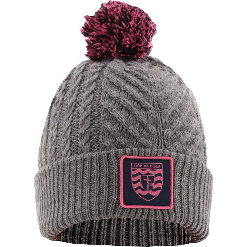 Grey and pink Donegal GAA Ruby Bobble Hat Grey with county crest by O’Neills.
