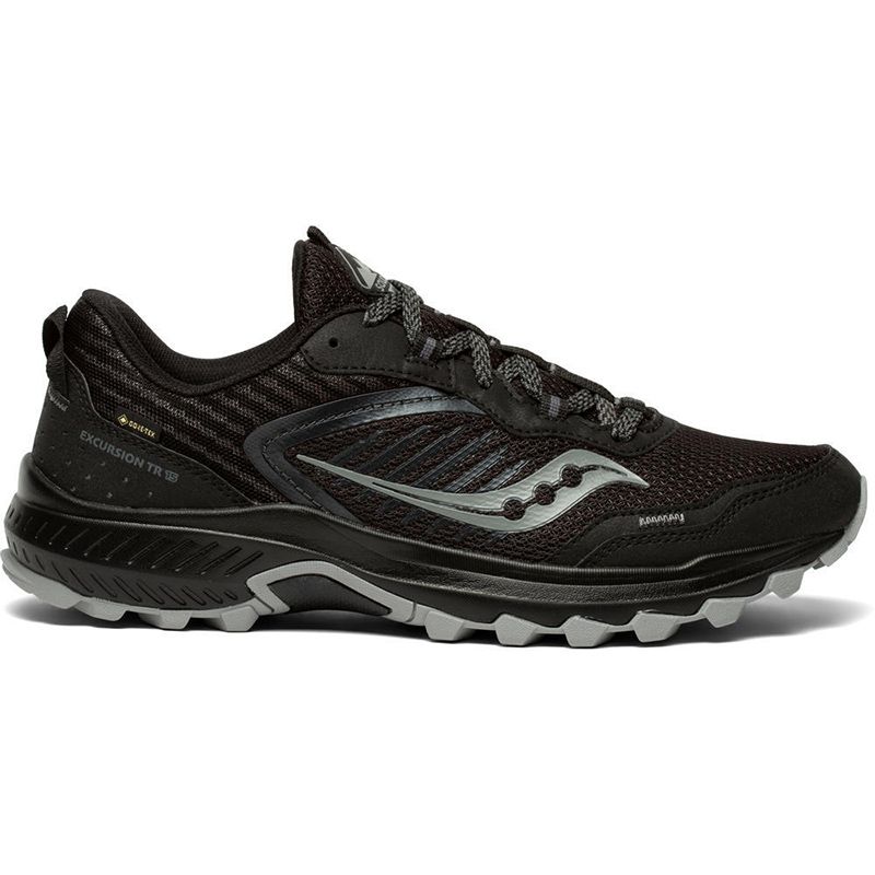 black and grey Saucony men's trail shoes with grippy lugs on the outsole for rock-solid footing from O'Neills