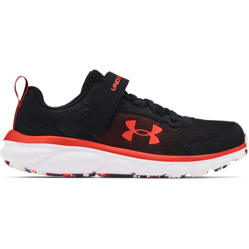 black, orange and white Under Armour kids' runners, lightweight with soft cushioning and a hook and loop strap from O'Neills
