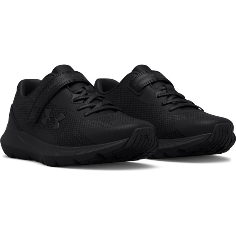 Black Under Armour kids' trainer with a breathable mesh upper, velcro fastening, a cushoned midsole and a rubber outsole for added grip and traction from O'Neills.