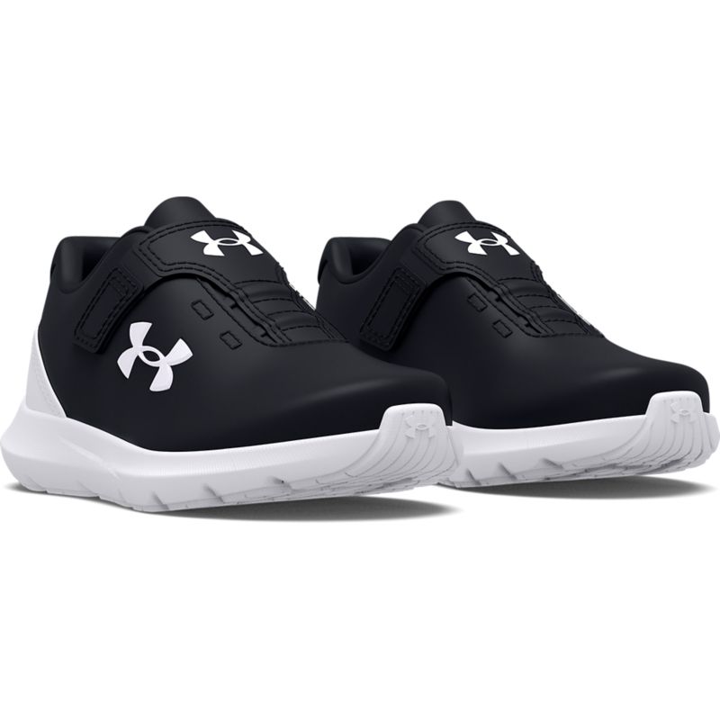 Black and white Under Armour kids' trainer with velcro fastening, a cushoned midsole and a rubber outsole for added grip and traction.