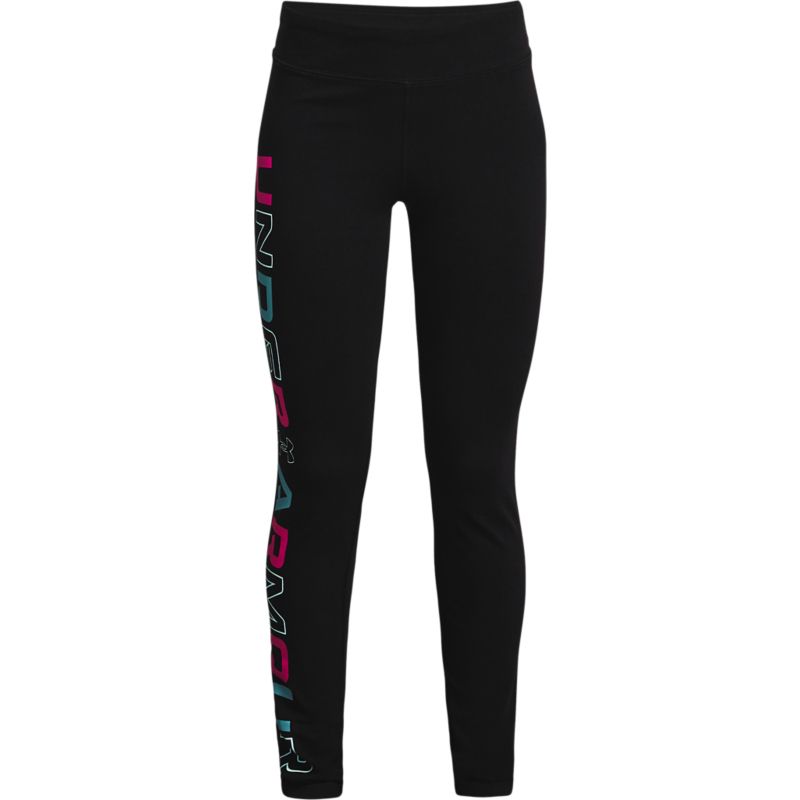 Black and pink Under Armour kids' girls leggings with wordmark design from O'Neills.