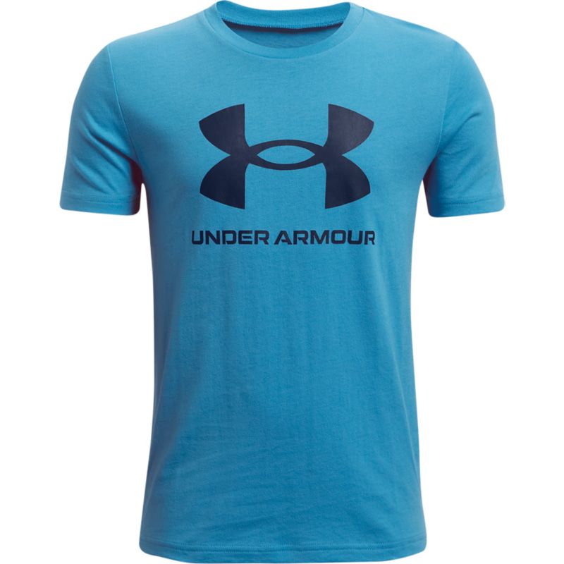 Blue Under Armour boys t-shirt with short sleeves and navy UA logo on front from O'Neills.